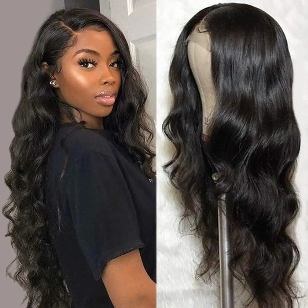 

180% Density Unprocessed Natural Black Body Wave Virgin 4x4 Lace Closure Human Hair Wigs