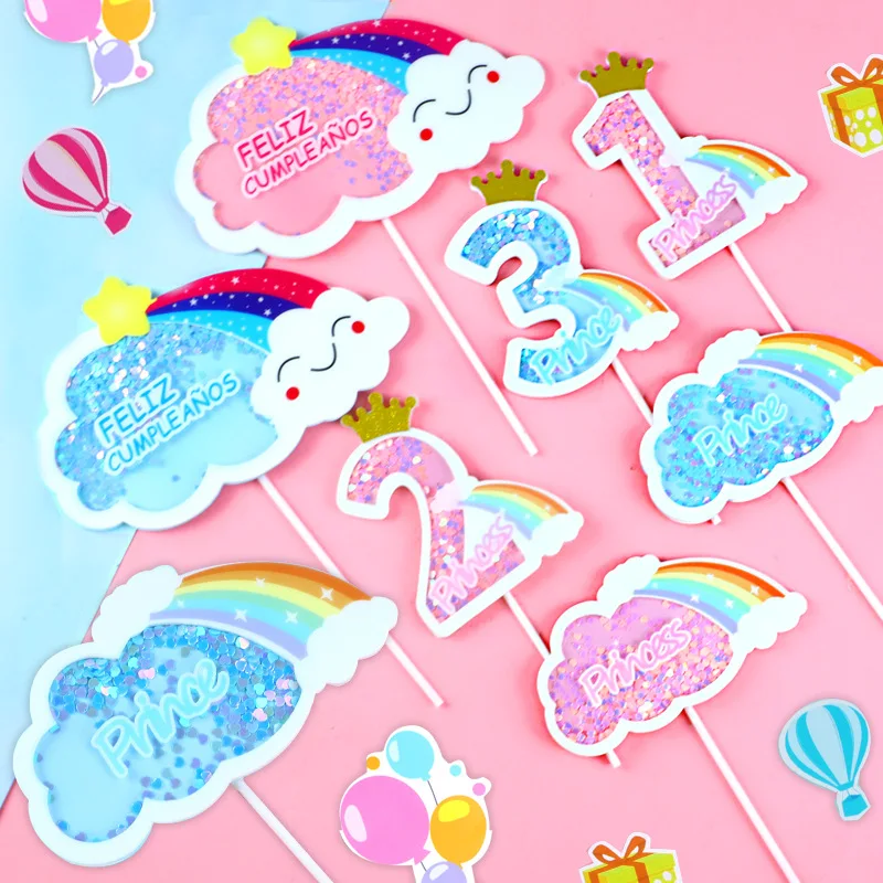 

Birthday Cake Decoration Pink Blue Shiny Glitter Transparent Rainbow Number Happy Birthday Cake Toppers Baby Shower Unicorn