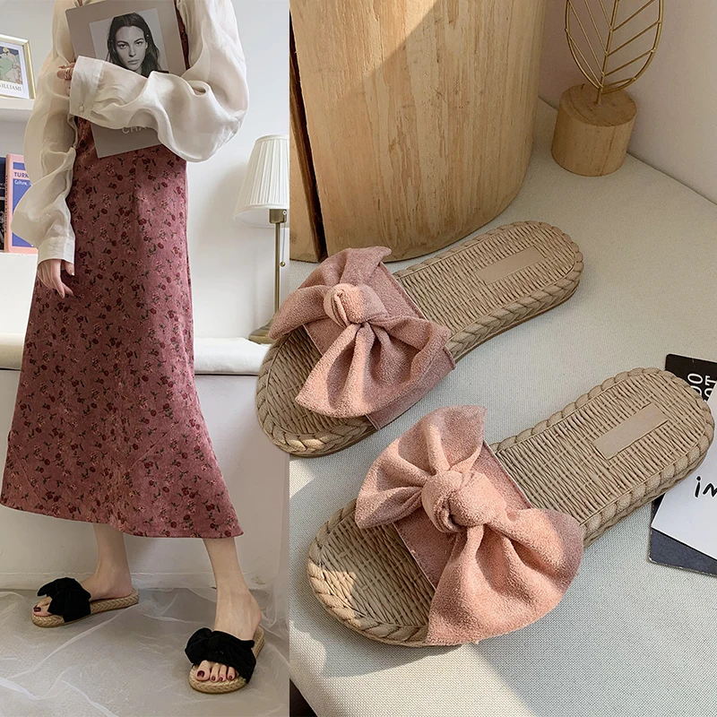 

2020 New Summer Slippers Women Shoes Woman Fashion Flip-flops Bow Knot Vacation Beach Shoes Solid Flat Slippers Slides plus size