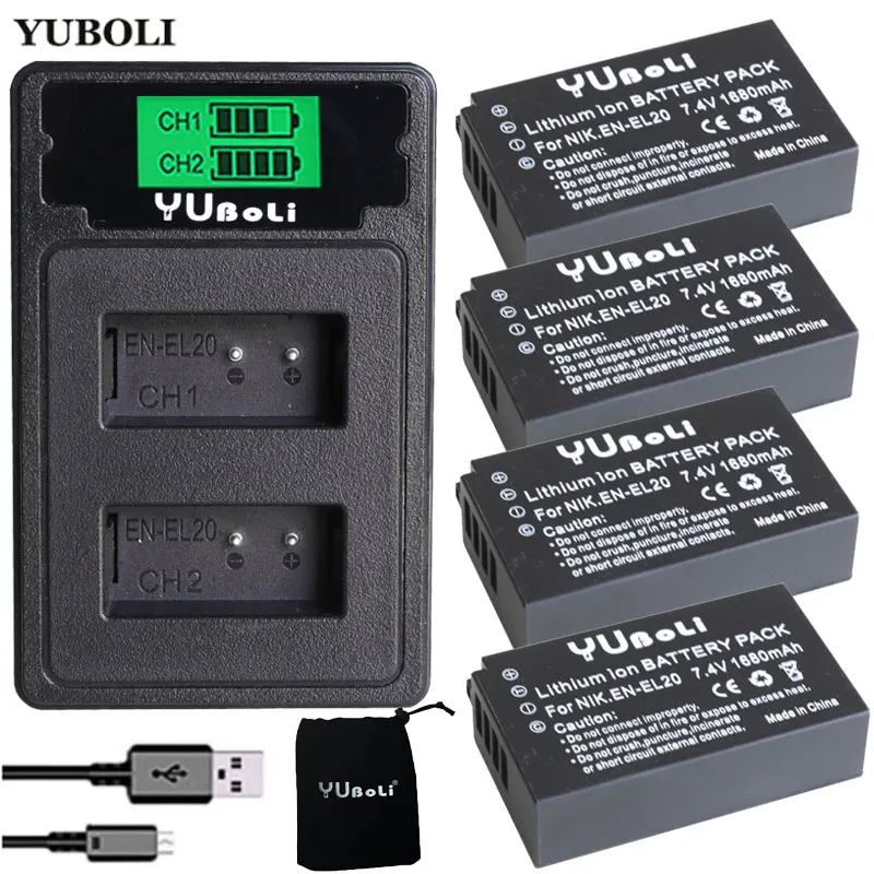 4 шт. EN EL20 RU EL20a Батарея + ЖК дисплей USB Зарядное устройство Тип C Порты и разъёмы для