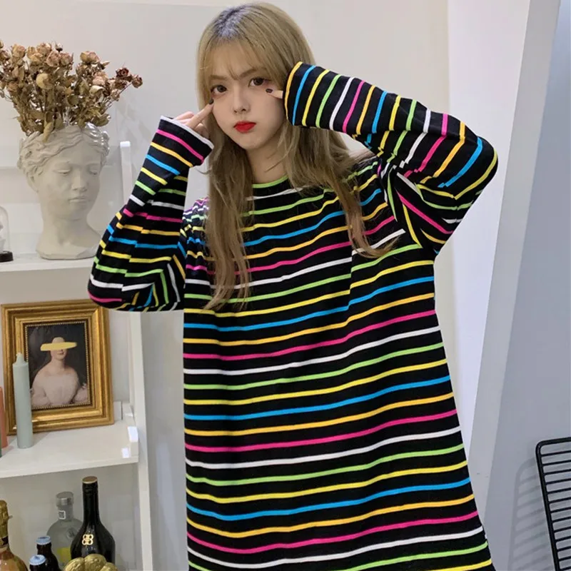 Радужные полосатые футболки кавай с длинным рукавом Мягкие Свободные корейские