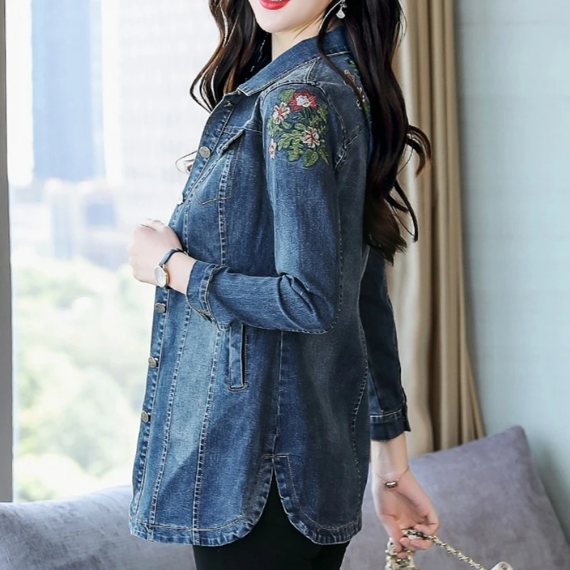 

Women Clothes Flower Embroidery Long Shirts Spring Fashion New Korean Loose Fit Denim Shirts Tops Harajuku Streetwear Lady