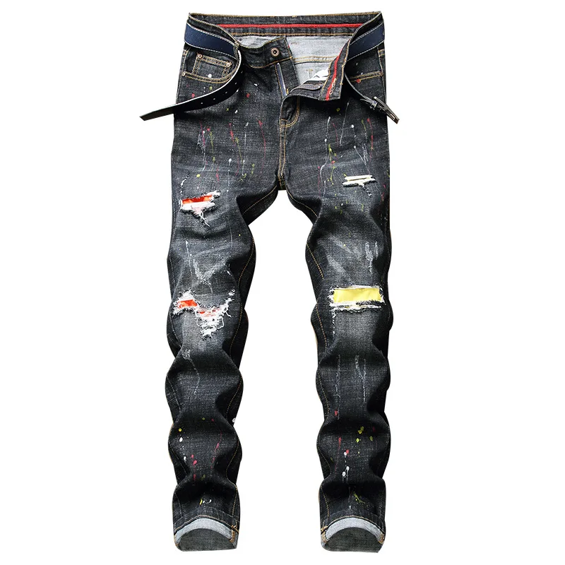 

Men's Jeans Spring and Autumn Slim Straight All-Match Splash Ink Personality Hole Patchwork Trendy Trousers