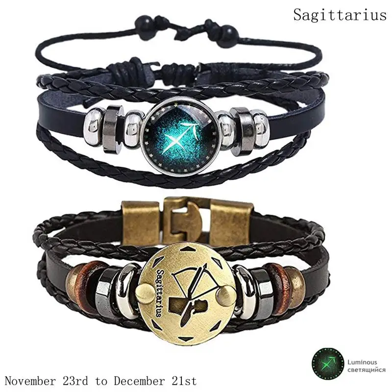 Sagittarius 2 шт./компл. 12 созвездий Браслеты световой кожаный браслет гороскоп плетеный браслет Для мужчин Для женщин ювелирные изделия наручные часы подарок - Окраска металла: Sagittarius