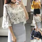 Офисная Женская модная рубашка с цветочным принтом, шифоновая блузка с рукавом до локтя и V-образным вырезом, повседневная одежда, топ, рубашка с коротким рукавом