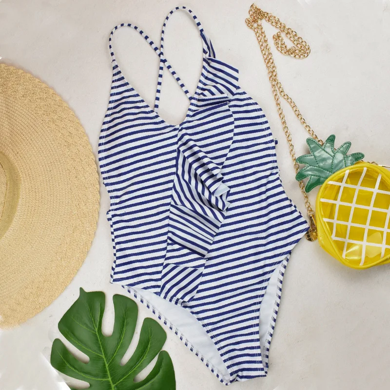 Новый Полосатый слитный купальник с оборками закрытый купальный костюм пуш-ап