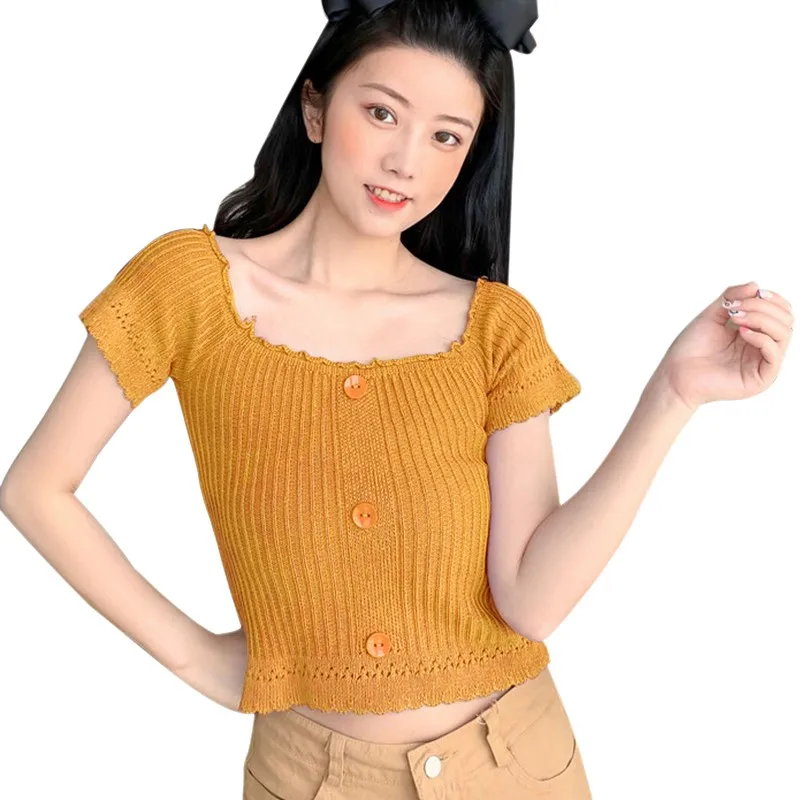 

Woman Knit Cropped T-shirt Ladies Sexy Short Sleeve Slash Neck Top Clothes Summer Spring Costume