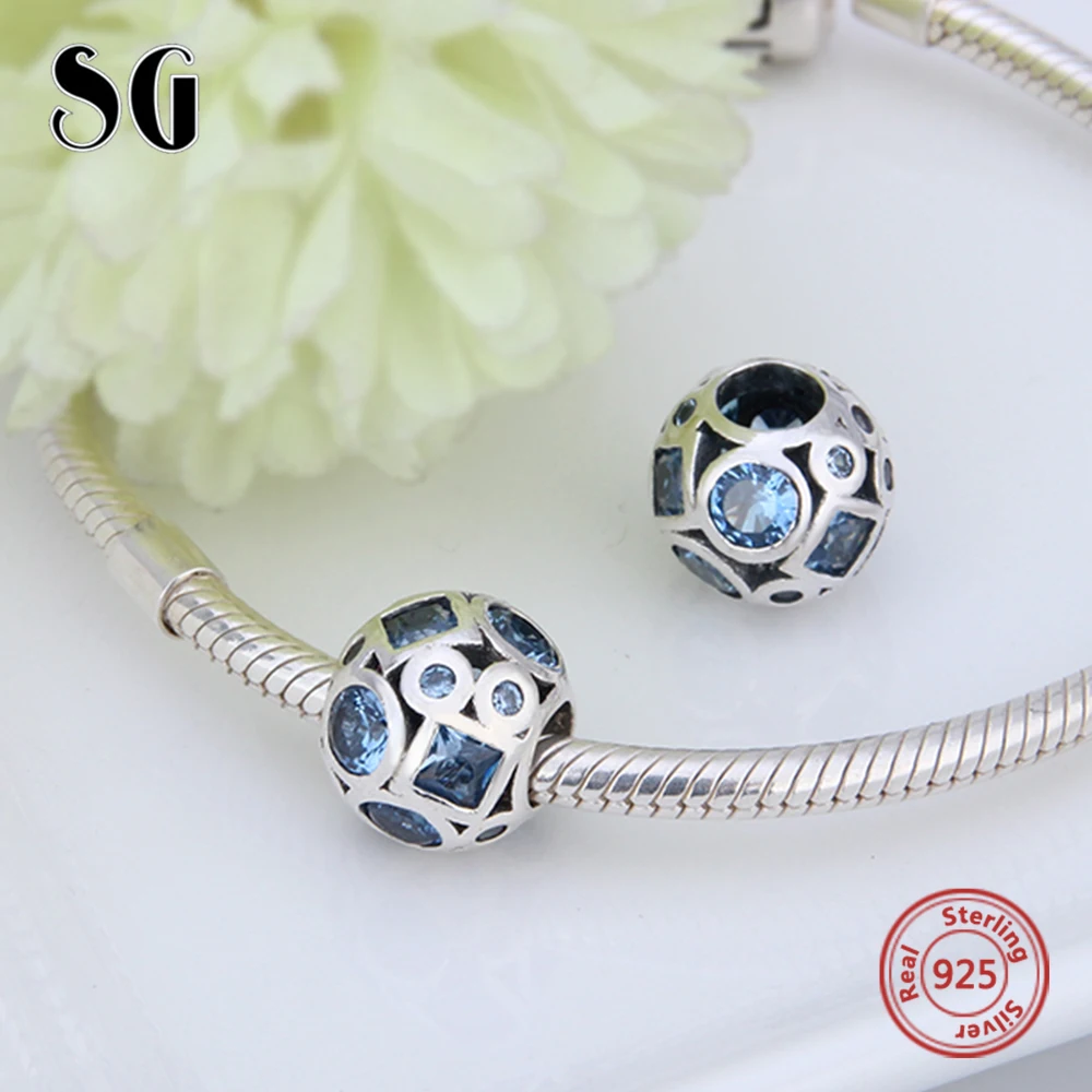 Серебряный Galaxy стерлингового серебра 925 Круглый Синий циркония Бусины подходят