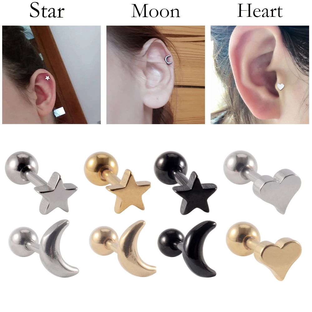 

9pcs Stainless Steel Punk Silver Black Gold Color Paint Dumbbells Ball Star Moon Heart Ear Stud Unisex Piercing Jewelry Gift