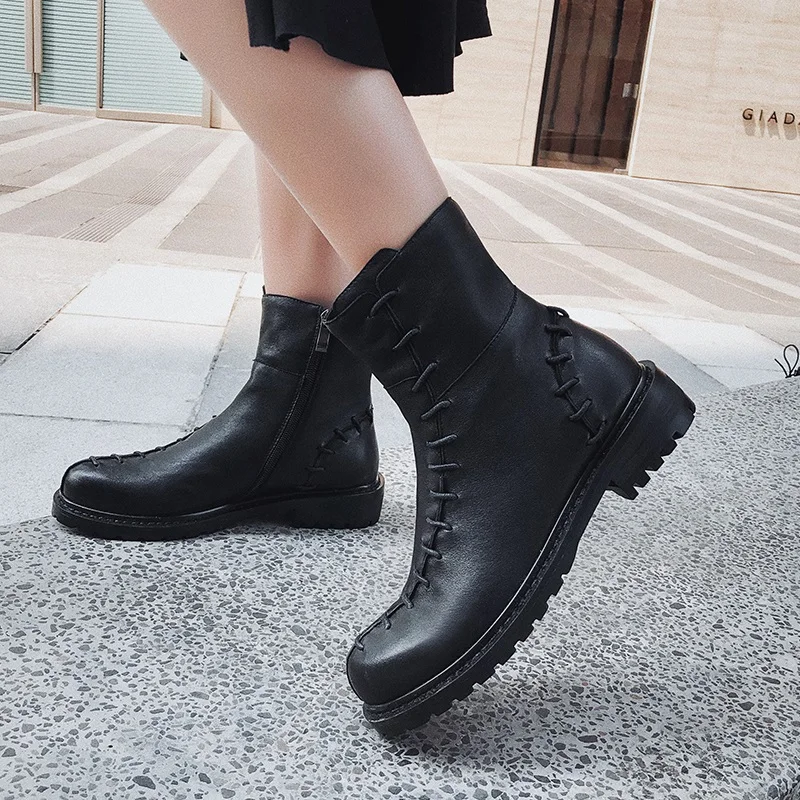 

2020 winter woman fashion suture cow leather ankle boots new platform boots women's round toe shoes women thick sole boots red