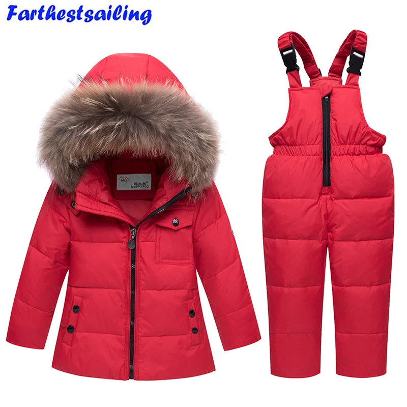 

2018 New Winter Baby Boys Girls Duck Down Snowsuits Jacket Children Fur Parkas Ski Set Russia -30 Degrees Kids Clothes Overalls