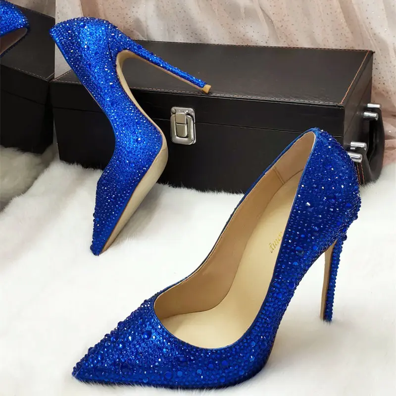 

2020 summer Free shipping fashion women pumps blue crystal Rhinestone pointy toe heels stiletto high heels shoes bridal wedding