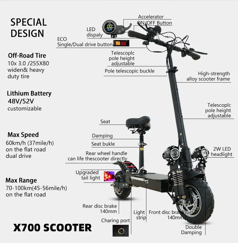 

Electric Scooter Portable Foldable for Adults Power 2000W Motor 48V 26A Lithium Battery E Skateboard Two Wheels EU USA Stock CE