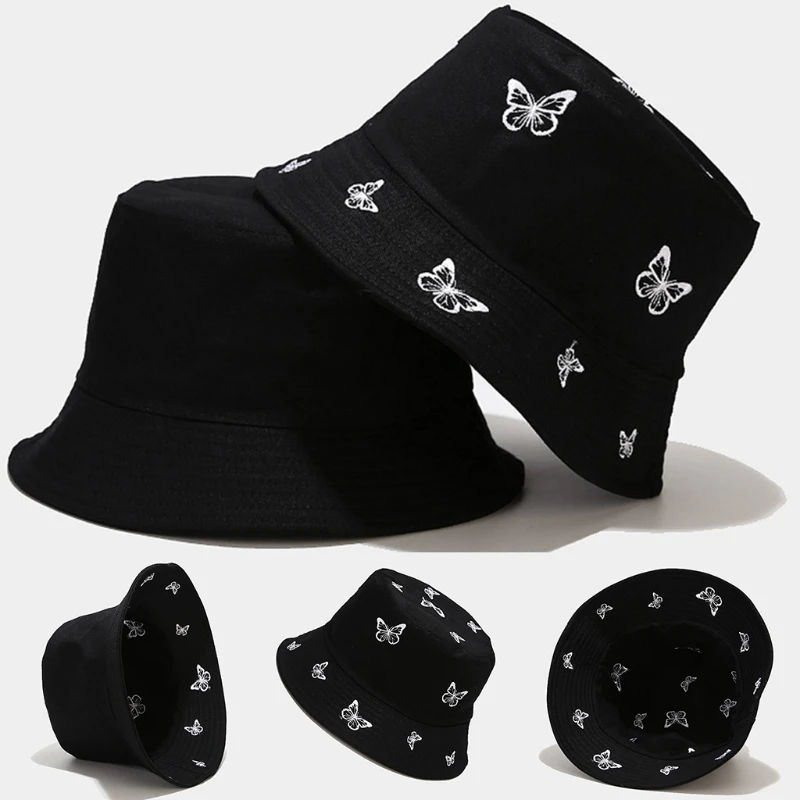 

Women Bucket Cap Butterfly Embroidery Men Fisherman Hat Day to Day Activity Black Sun Protection Caps Foldable Hats