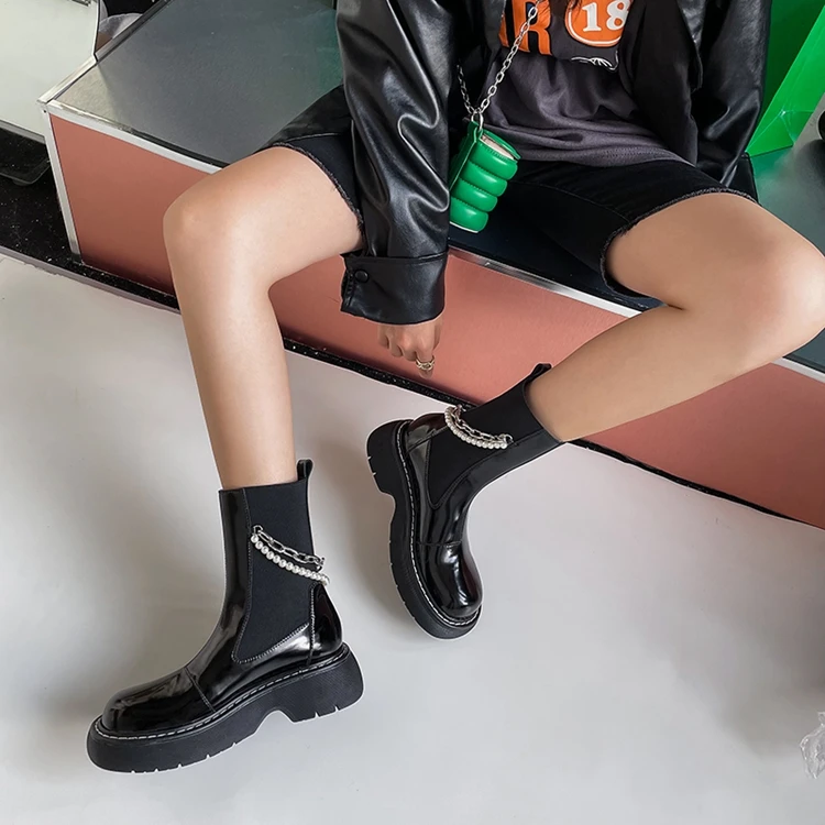 

2021 Winter Genuine Leather Women Boots Fashion Round Toe Chunky Heel ANKLE Boots Platform Shoes Women Shoes Motorcycle Boots
