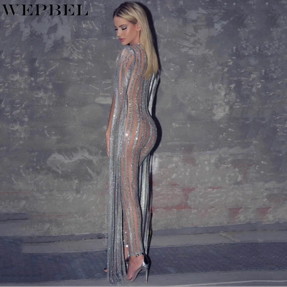 

WEPBEL Mesh Sequins Jumpsuits Women's Slim Fit Patchwork Jumpsuits Autumn V-neck High Waist Slit Long Sleeve Pencil Jumpsuits