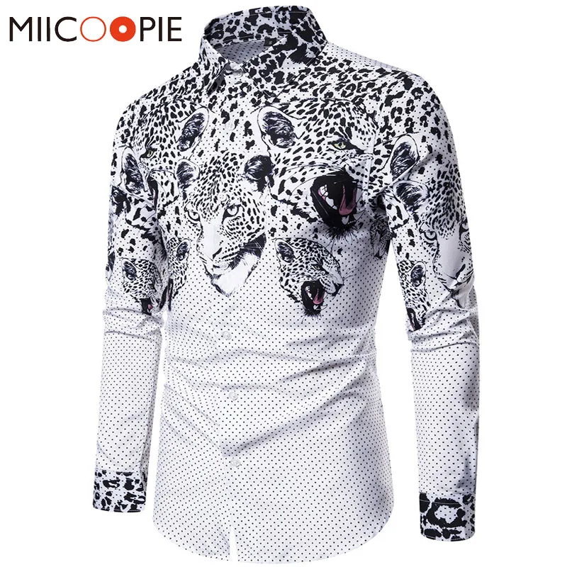 Мужская рубашка с леопардовым принтом модная черная в горошек длинным рукавом