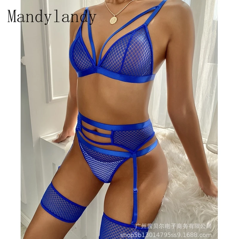 

WEPBEL Sexy Spaghetti Strap V-neck Bra + Bandage Hollow Out Panties See-through Suit Women's Lace Embroidery Sexy Bra Suit