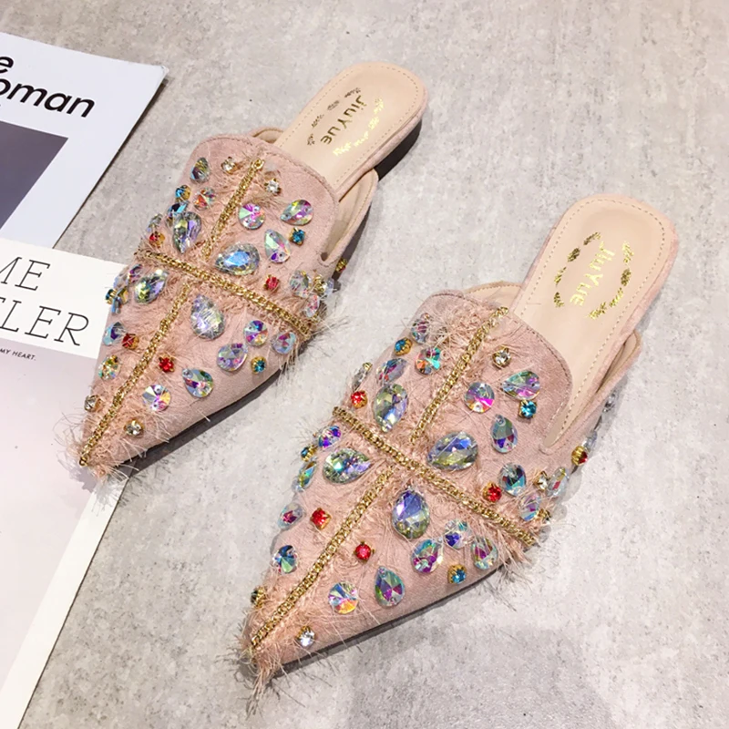 2Pink Модные шлепанцы без задника; женская обувь на плоской подошве; яркие стразы; женские летние Лоферы без шнуровки; Женская Роскошная Брендовая обувь - Цвет: 2Pink