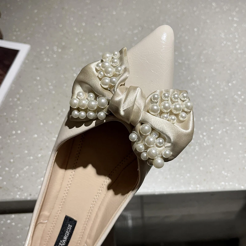 Summer Women's Pearl Bowknot Flats Comfortable Soft Sole Casual Shoes Woman New Pointed Toe String Bead Single Shoes