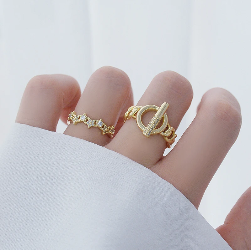 

Изящные ювелирные изделия, 14 к позолоченные Регулируемые кольца со звездой и кристаллами для женщин, простые Стильные шикарные кольца с куб...