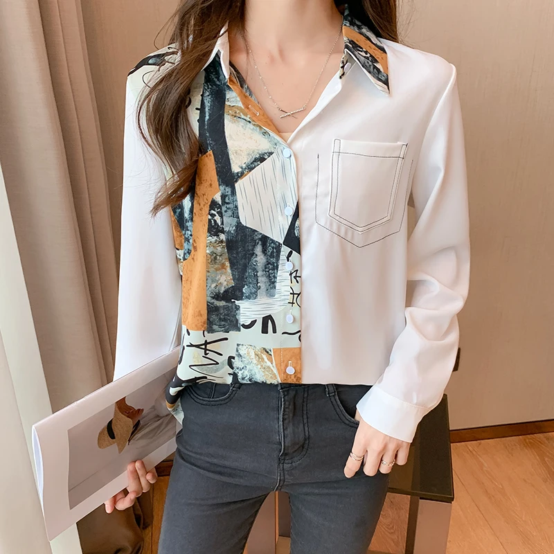 

Chiffon Loose Women's Shirts New Fashion Blouses Splicing Polo Shirt Casual Long Sleeve Blusas Autumn Houthion