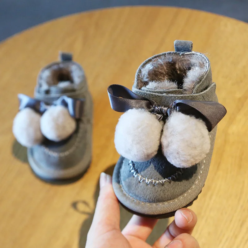 Claladoudou 12-14cm Brand Genuine Leather baby snow boots khaki black gray cute pompom bow tie princess dress shoes for winter