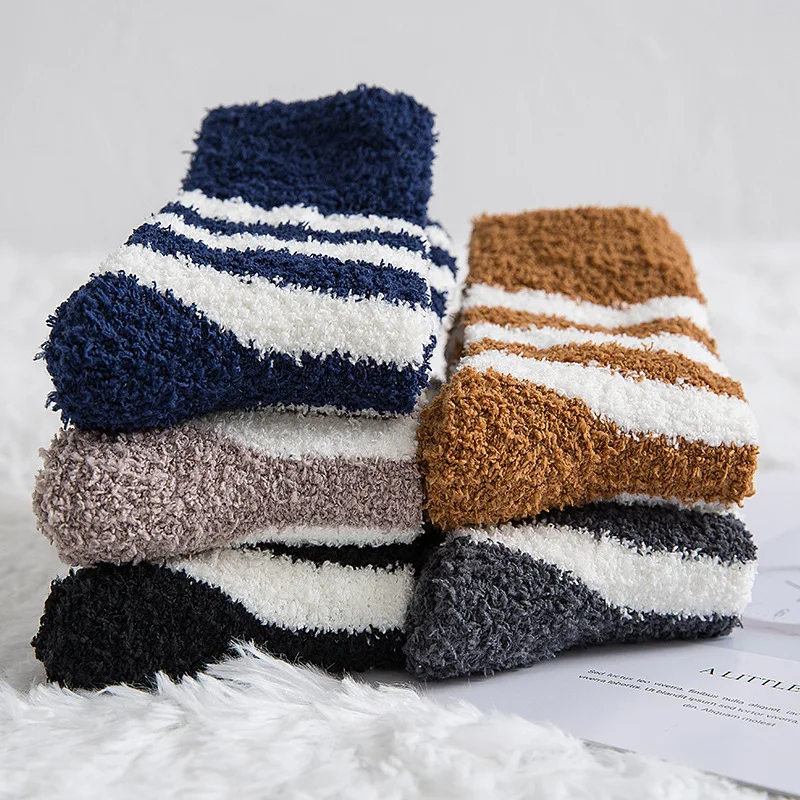 Striped Socks Men Thick Coral Velvet Winter Warm Socks Soft Man Fluffy Home Indoor Floor Terry Towel Fuzzy Sock Mens Male Meias images - 6