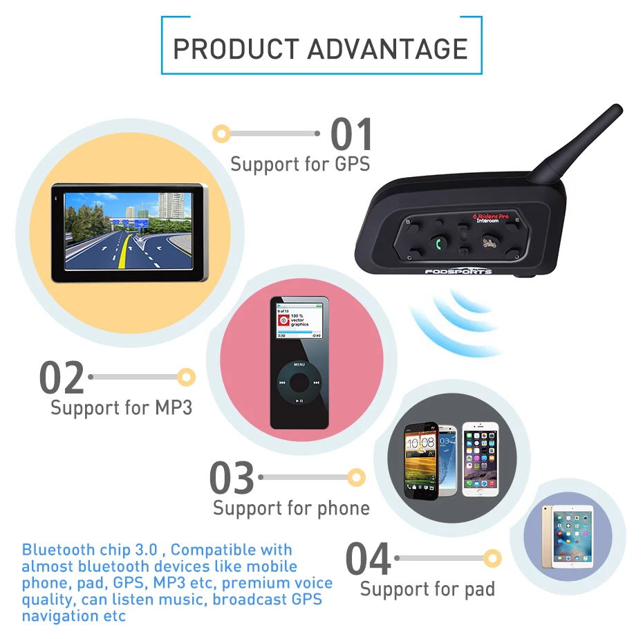 Fodsports металлический зажим+ 2 шт V6 Pro BT переговорные 1200 м Мотоциклетный Bluetooth шлем гарнитура для 6 Rider 850mah