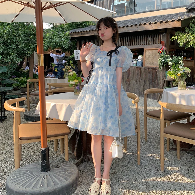 

2021 Summer French Vintage Square Neck Short Fairy Dress Women Puff Sleeve Beach Holiday Party Dresses Robes M387