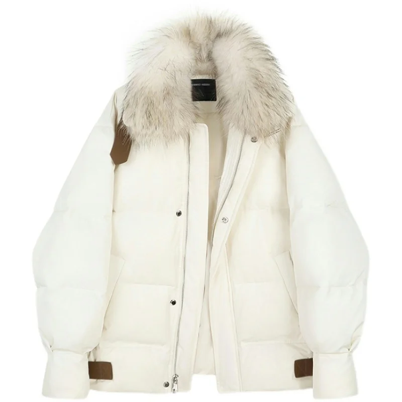 

2021 Winter Women Coat White Duck Down Fashion Fur Collar Short Warm Jackets Zipper Casual Thick Down Jacket Female Outerwear