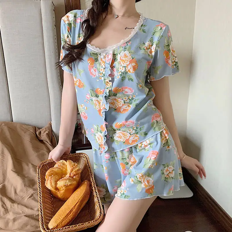 CAIYIER Summer Women Pajamas Set Korea Sweet Printing Sleepwear Short Sleeve Small Broken Flower Girl Lace Sexy Shorts Nightwear