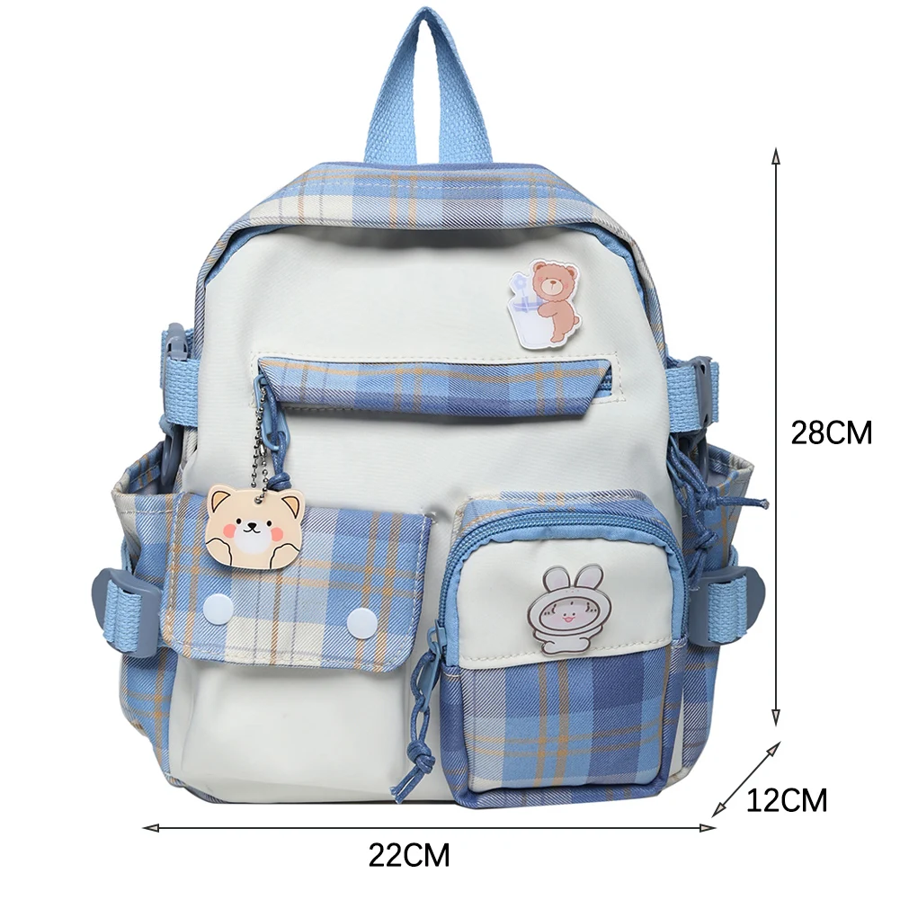 

Women Cute Cartoon Print Backpack Plaid Pattern Girls Students School Book Bag with Pendant Female Multi-Pockets Travel Bags
