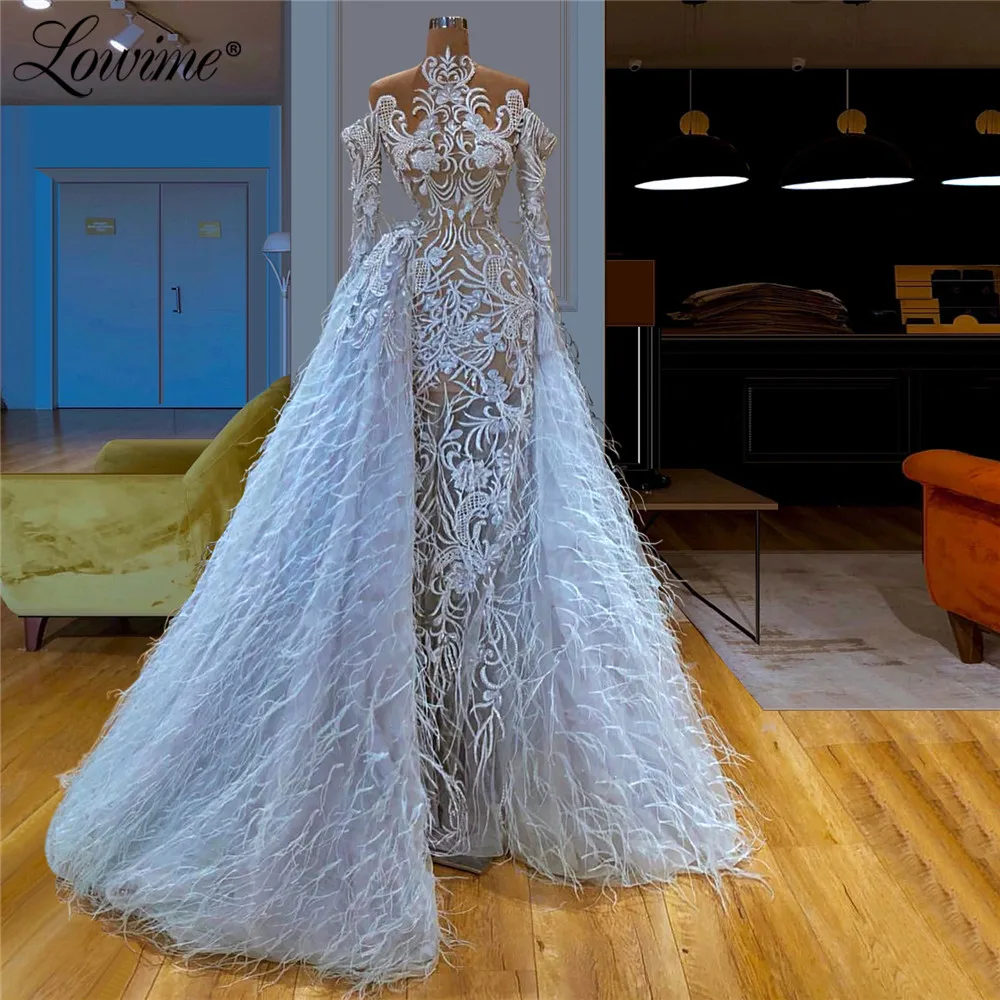 

Blue Evening Dresses Feather Kaftans With Detachable Train Robe De Soiree 2020 Dubai Turkish Prom Dresses Pageant Party Gowns