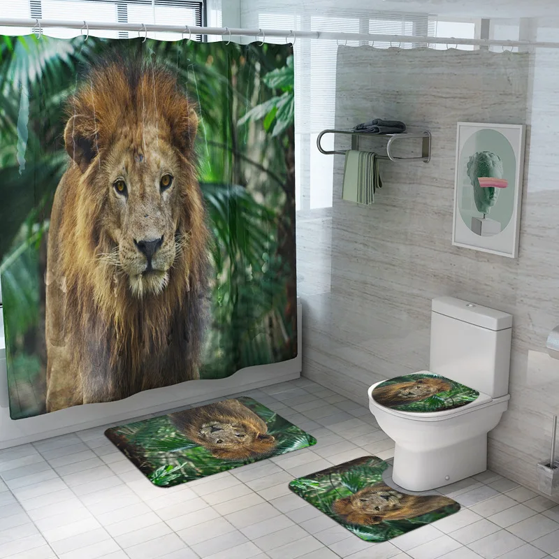 

Printed Animals Bathroom Carpet Toilet Mat Set and Waterproof Shower Curtain Bathroom Rugs Set Anti Slip Mat for Shower Room