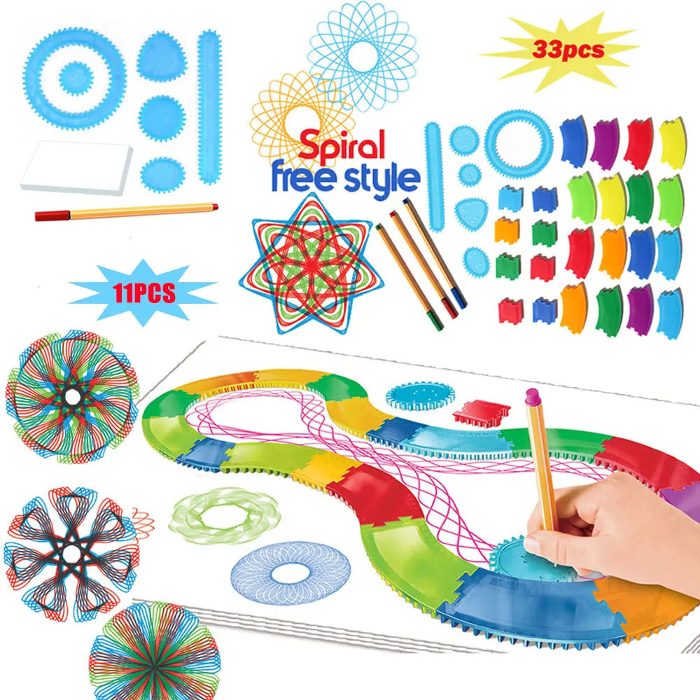 33PCS Spirograph Drawing Block Set Draw Spiral Design Educational Geometric Toys Baby Creative Shape Painting Ruler Rail Track | Игрушки и
