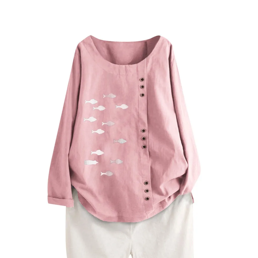 Женский хлопковый льняной кафтан с длинным рукавом мешковатая рубашка принтом