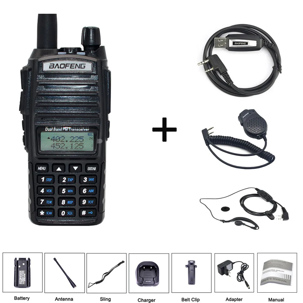uv82-mic-earp-cab Baofeng UV-82 рация 8 Вт двойной PTT двухстороннее радио 2800 мАч Двухдиапазонный портативный 10 км приемопередатчик UV82 рация CB радио - Цвет: uv82-mic-earp-cab
