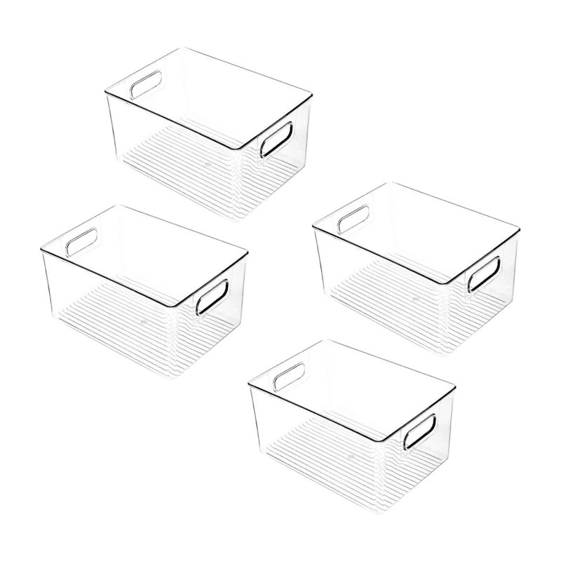 

4Pcs Plastic Kitchen Pantry Cabinet,Refrigerator or Freezer Food or Book Storage Bins with Handles-Organizer for Snacks
