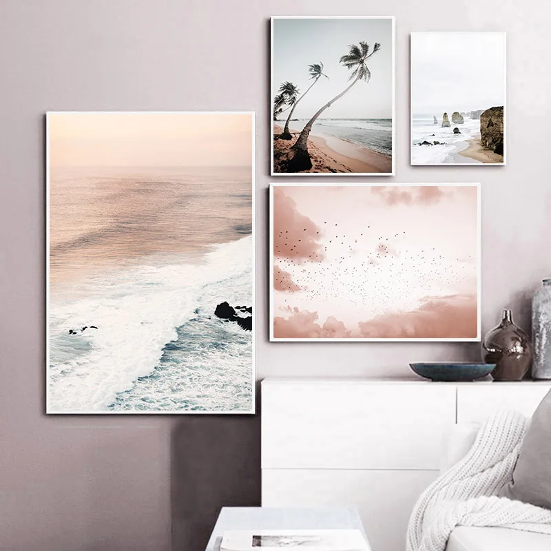 

Nordic Home Decor Seascape Art Poster for Home Design Palm Trees Pink Beach Paintings for Interior Frameless Picture