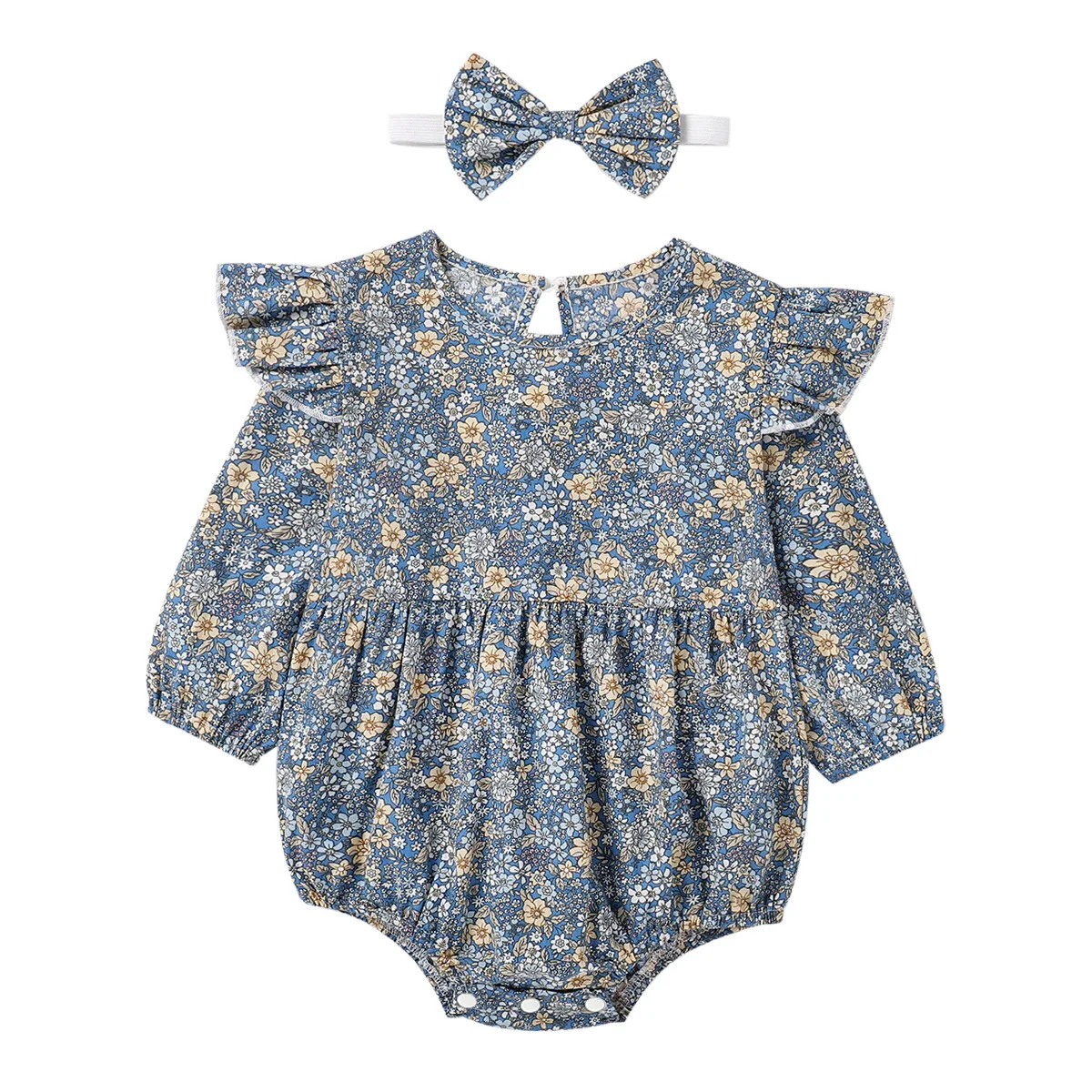 

2PCS Toddler Baby Kids Girls Floral Print Romper+ Headband Short Jumpsuit Newborn Ruffle Long Sleeve Playsuit Infant Outfits D30