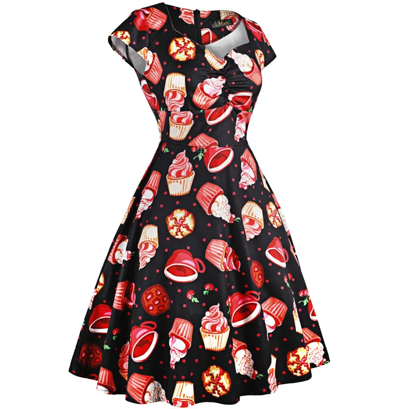 

Summer Women's New Style Retro Fashion Printing V-Neck Waist Mid-Length Short-Sleeved Large Swing Dress Comfortable Temperament