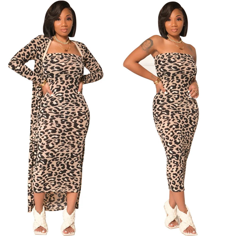 

2020 Winter Women Strapless Dress Two Piece Sets Casual Leopard Printing Midi Cardigan Bodycon Ankle-Length Dresses Outfits