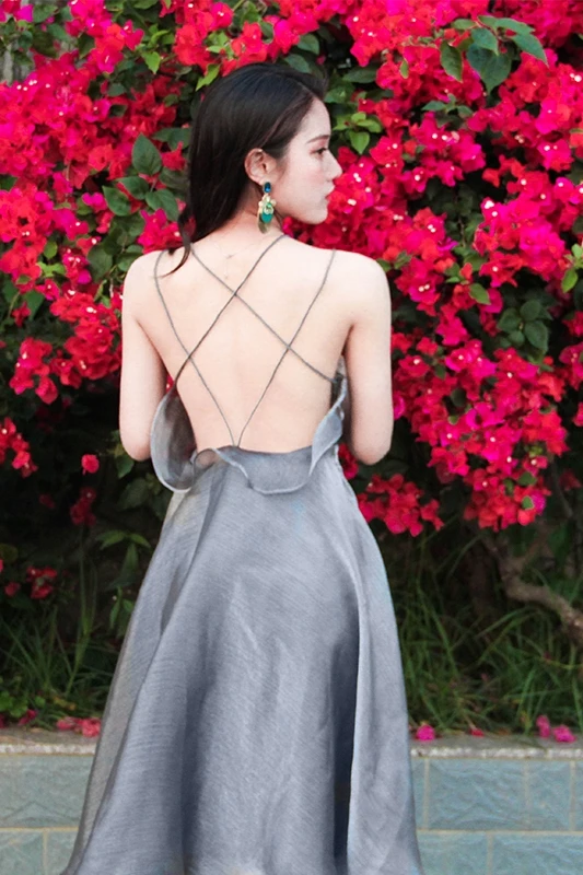 

Beach Skirt Open Back Skirt Summer 2021 New Silver Chiffon Suspender Dress Seaside Holiday Skirt