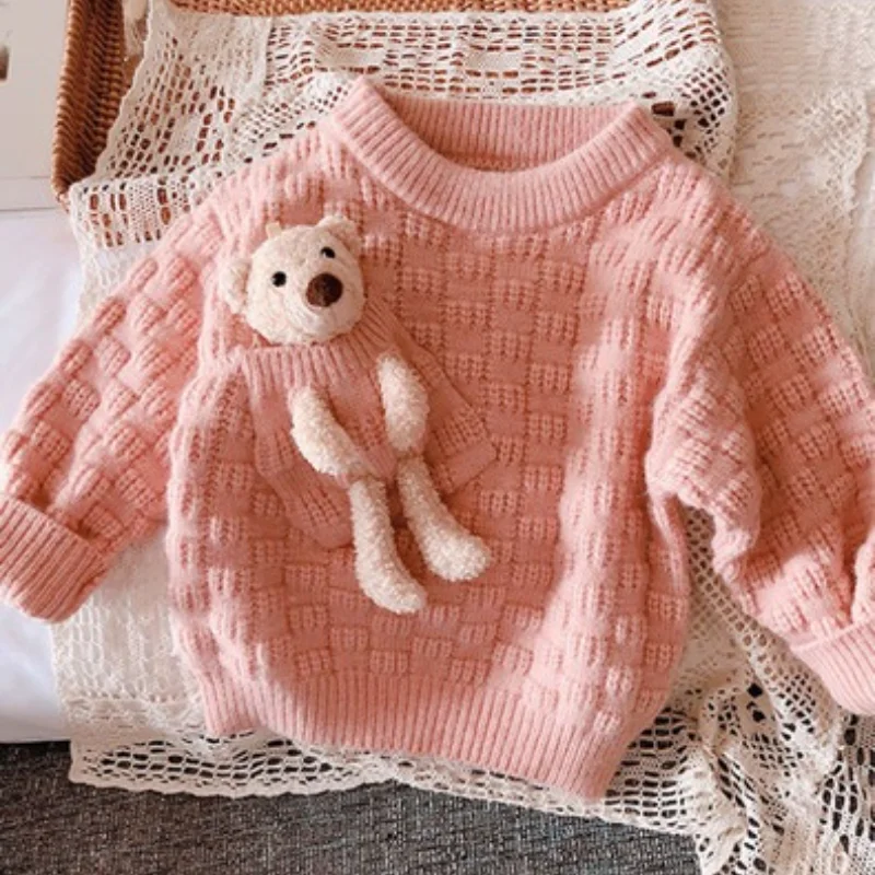 

Korean Girl Fashion Little Cherry Sweater Baby Pullover College Cute Toy Sweater + Jeans+Little Bear Girl Clothes