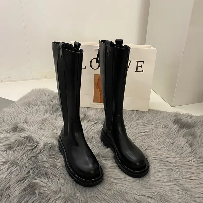 Женские Кожаные ботфорты на платформе Черные Сапоги выше колена плоской подошве