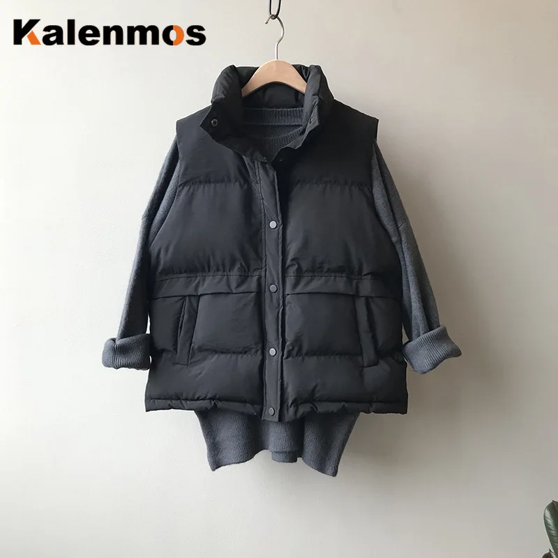 

New Winter Keep Warm Sleeveless Vest Women Jacket Solid Harajuku Stand Collar Breasted Puffer Outwear Loose Cotton Padded Vests