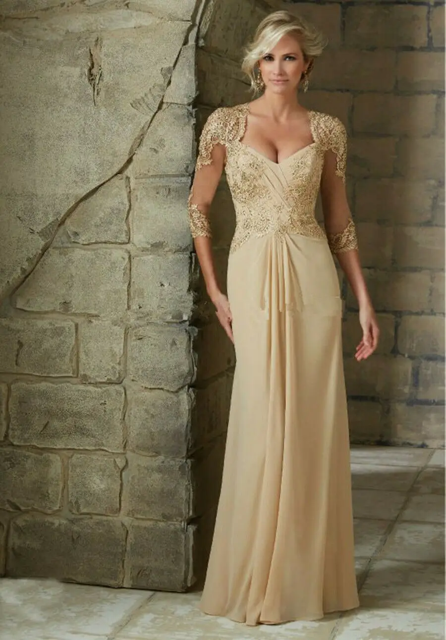 

Gorgeous V Neck Champagne Short Sleeves Chiffon Lace Applique Wedding Guest Dress Mother Of The Bride Dresses