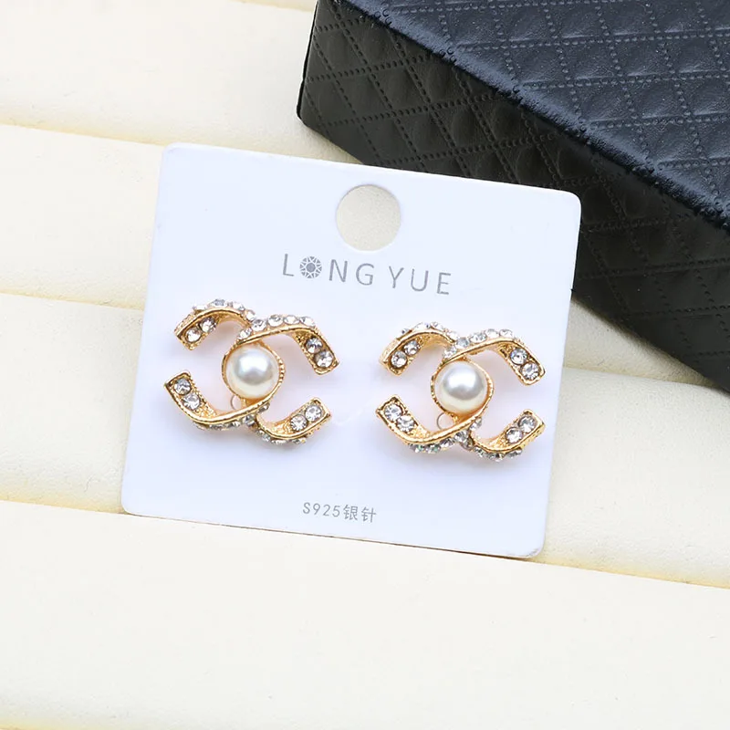 

JL Sample Pearl Crystal Cc Earrings Stud Letter Earrings Luxury Brand For Girls