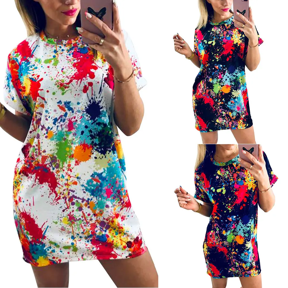 

Hot Women Printed Casual Dress Short Sleeve O-Neck Loose Dress Summer Beach
